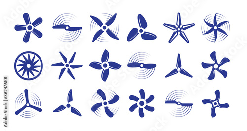 Propellers large set. Retro modern coolers turbine rotary helicopter blades airplanes turbulence stylish ventilation cooling systems graphic power air flow ship rotation energy. Vector aerial.