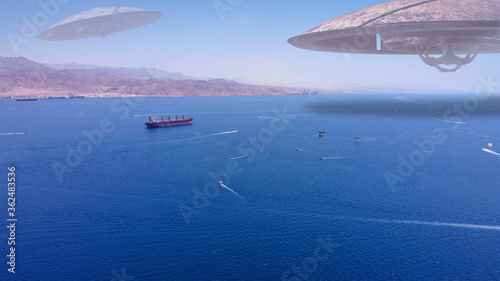3D RENDERING-Alien ufo Saucers over Red sea with Jordan mountains, Tanker ships Drone view with visual effect Elements, 