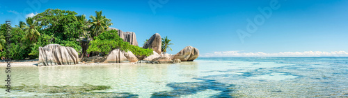 Panoramic view of a tropical beach on La Digue, Seychelles