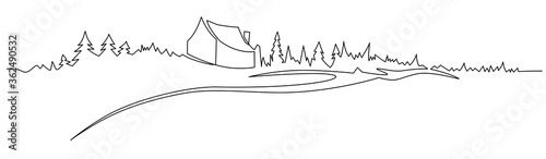 Rural landscape continuous one line vector drawing. Hills, house, forest and road hand drawn silhouette. Country nature panoramic sketch.