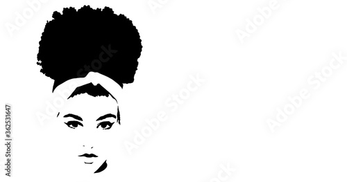 Background of Cute black African American girl or woman. Portrait with high puff curly Afro hair style and face make up, illustration with text space for cosmetics. Silhouette afro girl 