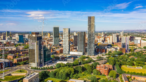 Aerial shot of Manchester UK on a beautiful summer day during pandemic lock-down 