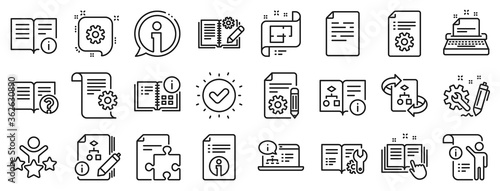 Set of Instruction, Plan and Manual icons. Technical document line icons. Help document, Building plan and Algorithm symbols. Technical blueprint, Engineering instruction, Work tool, building. Vector