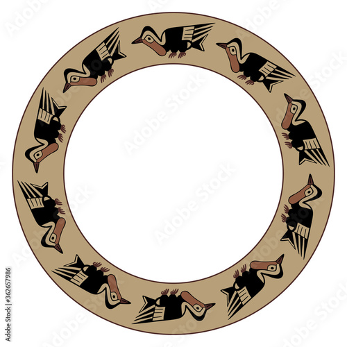 Round animal decor, frame or texture with small birds. Native American motif of Nazca or Nasca Indians of ancient Peru.