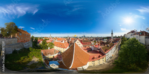 An aerial drone view of the Old Town of Tallinn, Estonia in a beautiful summer day 360 degrees panorama