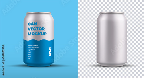 Mockup of a small tin can with an energy drink with a blue pattern, for design presentation, vector silver shiny shiny water bottle.