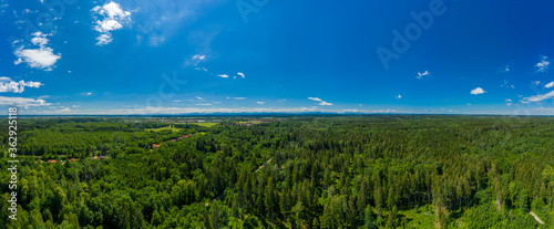 Beautiful panoramic aerial drone view over a green, fresh forest with a blue sky in summer - symbol for fresh air, health and photosynthesis environment.