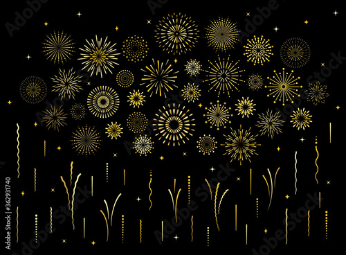 Abstract burst gold pattern fireworks set. Art deco star shaped firework pattern collection isolated on black background with rays and trails. Birthday party or carnival festive decoration,