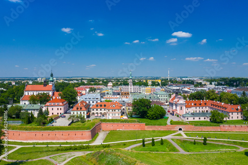 Zamosc, Poland. Aerial view of old town and city main square with town hall. Bird's eye view of the old city. UNESCO World Heritage Sites in Poland. Lublin Voivodeship. Zamosc, Poland, Europe.