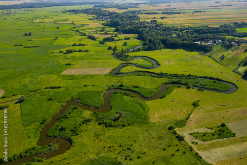 Aerial view of meander of the Wieprz river near Krasnystaw in Poland.