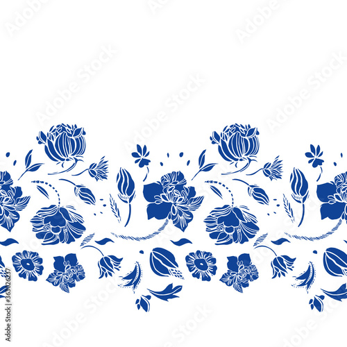 Vector classic porcelain blue royal hand drawn elegant floral seamless border with blue cutout florals on white background. Nature background. Surface pattern design.