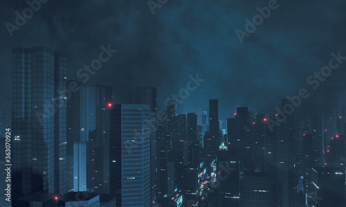 3D Rendering of mega capital city with many sky scrapping buildings during night time. Large copy space for your text or product. For technology or financial business background