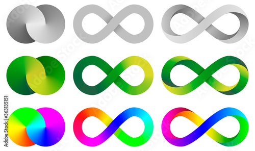 Colorful infinity signs. Abstract endless symbols collections.