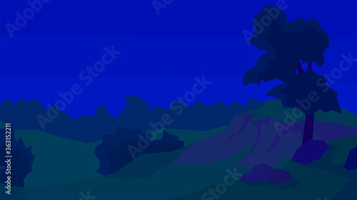 vector illustration, abstract night landscape, clear sky, forest, tree, bush, stones, cliff