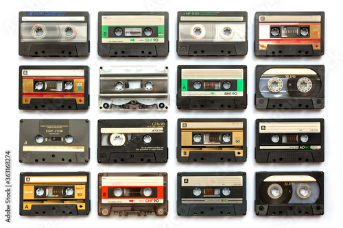 Collection set of old audio cassette tapes isolated on white background, vintage music and technology concept