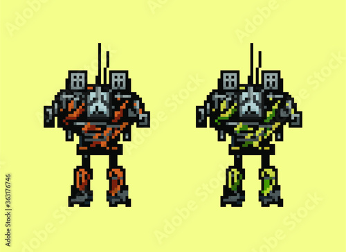 Illustration of battle robot in pixel art style