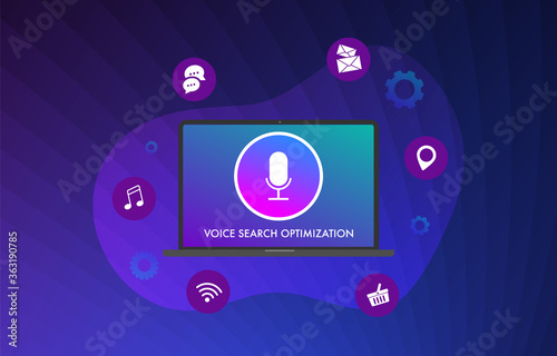 Voice search optimization flat vector illustration concept. Optimize the site for audio search using voice assistants service. Adding functionality to the site website for the desktop and mobile