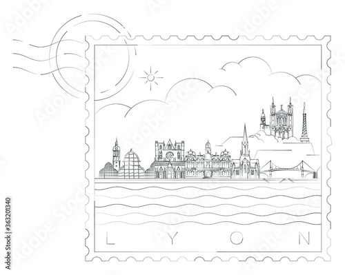 Lyon skyline stamp, vector illustration and typography design, France