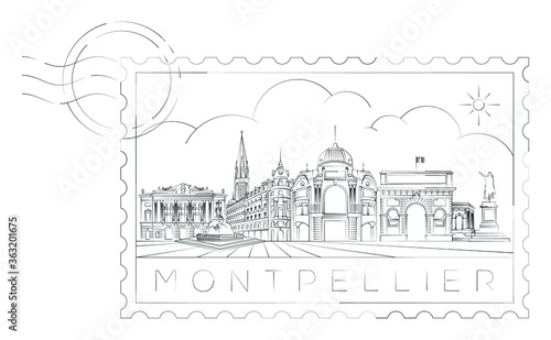 Montpellier urban stamp, poster, vector illustration and typography design, France