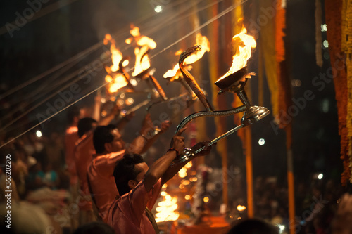 Hindu priests perform an worship, Varanasi.