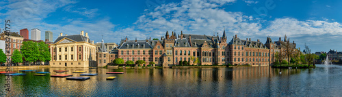 Panorama of the Binnenhof House of Parliament and Mauritshuis museum and the Hofvijver lake. The Hague, Netherlands