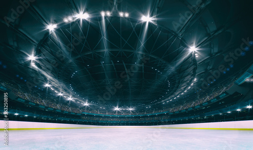 Stadium and ice rink background as ice skating area. Sport building as digital 3D background advertisement backdrop illustration.