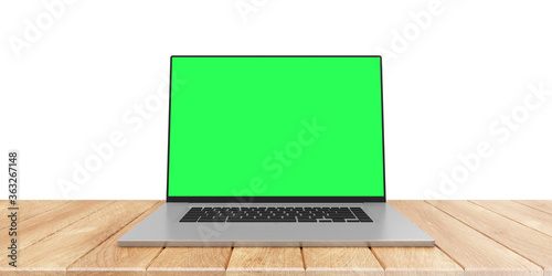 Modern laptop with green screen on wooden table isolated on white background