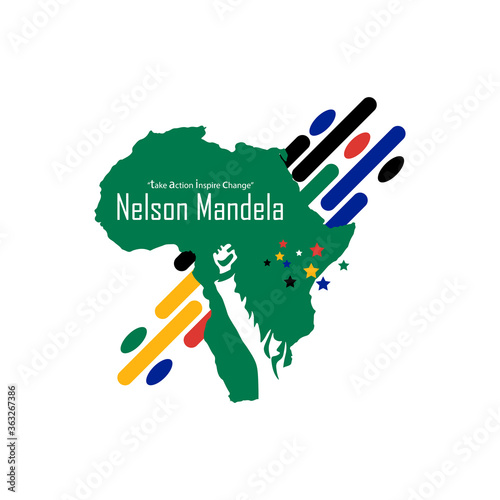 8TH OF JULY: STANDING HAND POSE OF NELSON MANDELA ON SOUTH AFRICA MAP ON BLACK BACKGROUND.