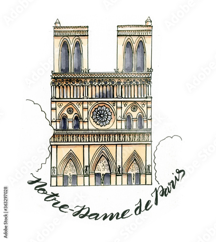 miniature sights of Paris. Beautiful watercolor illustration. isolated on white background. Hand-written "Notre Dame de Paris"