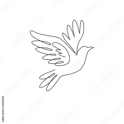 One single line drawing of adorable elegant fly dove bird for logo identity. Cute pigeon mascot concept for bird lover club icon. Dynamic continuous line draw design graphic vector illustration