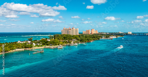 Panoramic landscape view of a narrow Island and beach at the cruise port of Nassau in the Bahamas. 