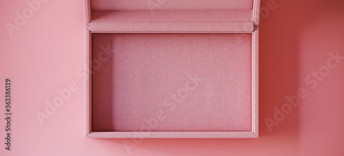 Minimal cosmetic background for product presentation. Pink fabric jewelry box on pink background. 3d render illustration. Clipping path of each element included.