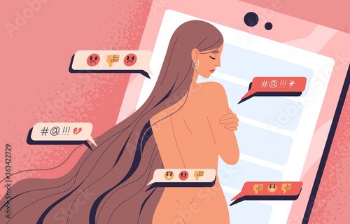 Naked woman embracing shoulders standing at giant smartphone background. Female victim of internet bullying vector illustration. Concept of slut shaming, outsider opinion and pressure of society