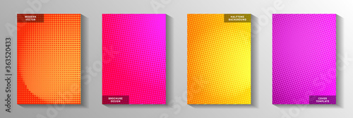 Flat point perforated halftone title page templates vector series. Scientific brochure faded 