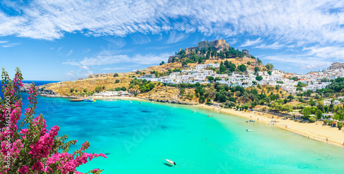 Landscape with beach and castle at Lindos village of Rhodes, Greece