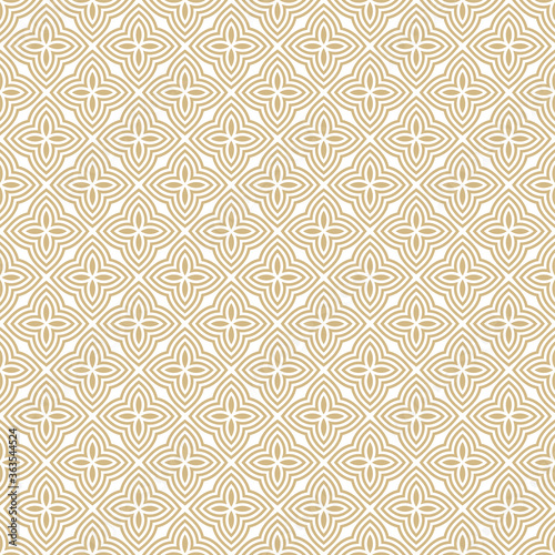 Golden vector floral seamless pattern. Abstract gold and white geometric ornament with small flowers in oriental style. Simple elegant mosaic background. Luxury repeat design for wallpapers, fabric