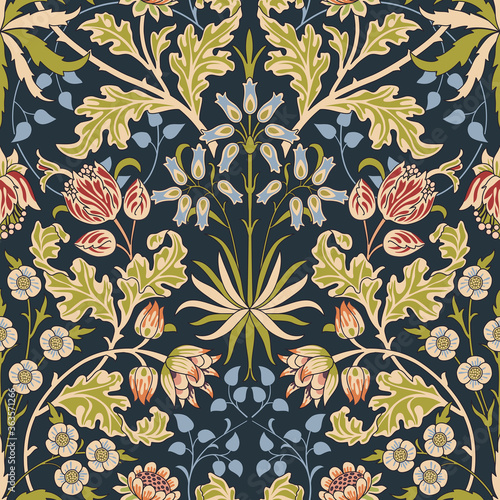 Vintage flowers and foliage seamless ornament on dark background. Vector illustration.