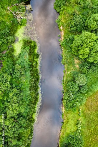 River flowing through green wetlands in summer aerial