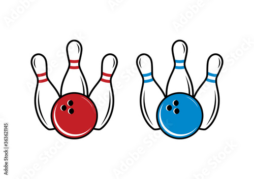 Bowling pins and ball icon set vector. Three bowling pins with a ball icon isolated on a white background. Bowling skittles vector. Blue and red bowling ball vector