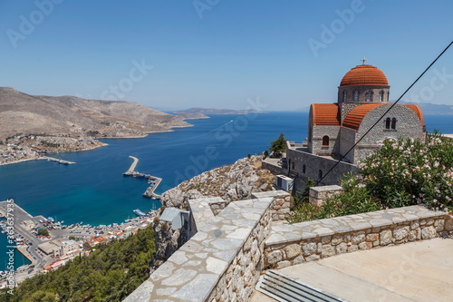 Monastery of Agios Savvas located on top of a hill above Pothia Town, the capital of Kalymnos, Dodecanese, Greece