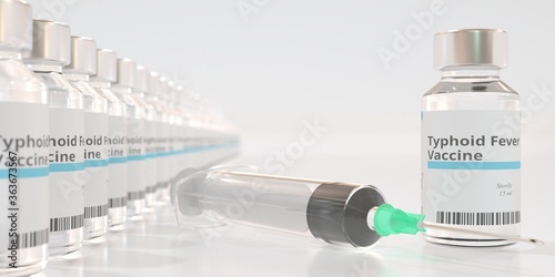 Vials with typhoid fever vaccine and a syringe. 3D rendering