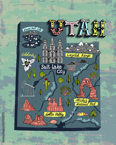 Illustrated map of Utah state, USA. Travel and attractions. Souvenir print