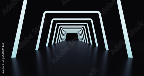 Abstract background, tunnel of glowing arcs. 3D render.