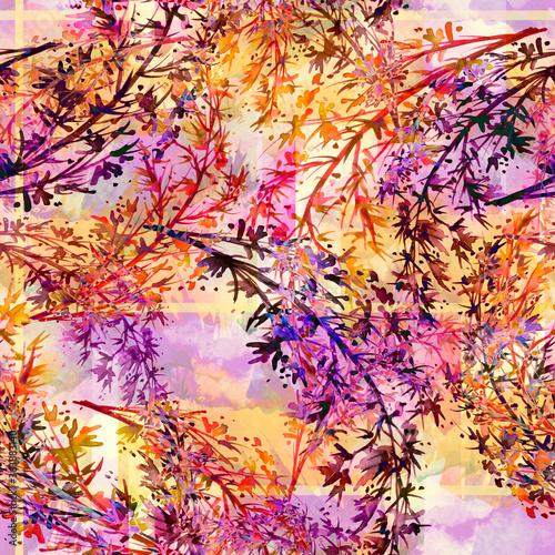 Watercolor seamless abstract background, pattern. Watercolor card, greeting card of multicolored abstract spot. Plant in watercolor. Abstract spot, grass.Sakura branch, lilac, bird cherry, flowering 