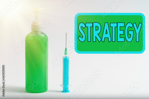 Text sign showing Strategy. Business photo text action plan or strategy designed to achieve an overall goal Primary medical precautionary equipments for health care protection