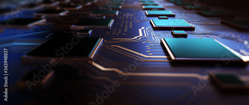 Printed circuit board futuristic server/Circuit board futuristic server code processing. Orange, green, blue technology background with bokeh. 3D Rendering