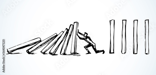 A man stops falling dominoes. Vector drawing
