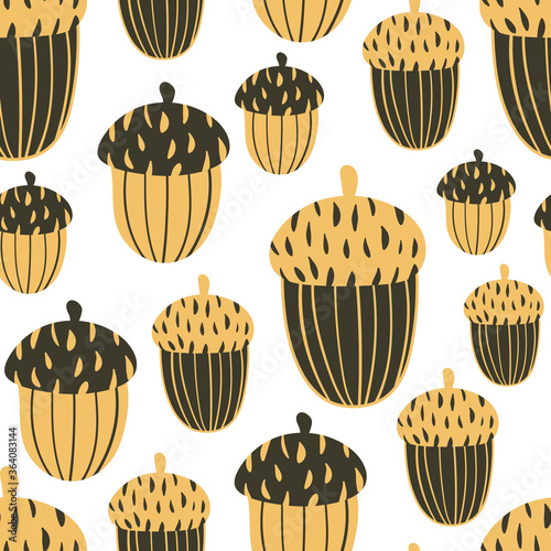 Autumn seamless pattern with stylized brown oak acorns on white background. Scandinavian style texture for fabric, wrapping, textile, wallpaper, clothes, apparel. Vector background with natural motifs