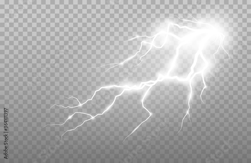 Realistic lightning and thunder strike. Electric discharge set of vector abstract illustration.