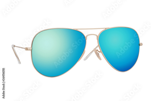 Sunglasses with a gold frame and blue lens isolated on white background.